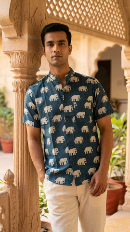 Classic Bold Elephant Half Sleeve Mandarin Collar Shirt - Green