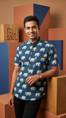 Classic Bold Elephant Half Sleeve Mandarin Collar Shirt - Green