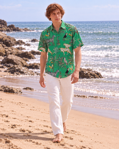 Jungle Print Vintage Cotton Half Sleeve Shirt for Men - Green