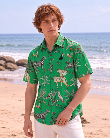 Jungle Print Vintage Cotton Half Sleeve Shirt for Men - Green