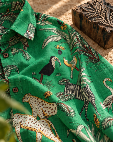 Jungle Print Vintage Cotton Half Sleeve Shirt for Men - Green