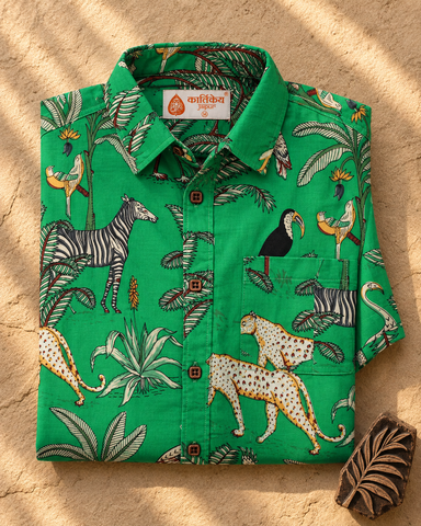 Jungle Print Vintage Cotton Half Sleeve Shirt for Men - Green