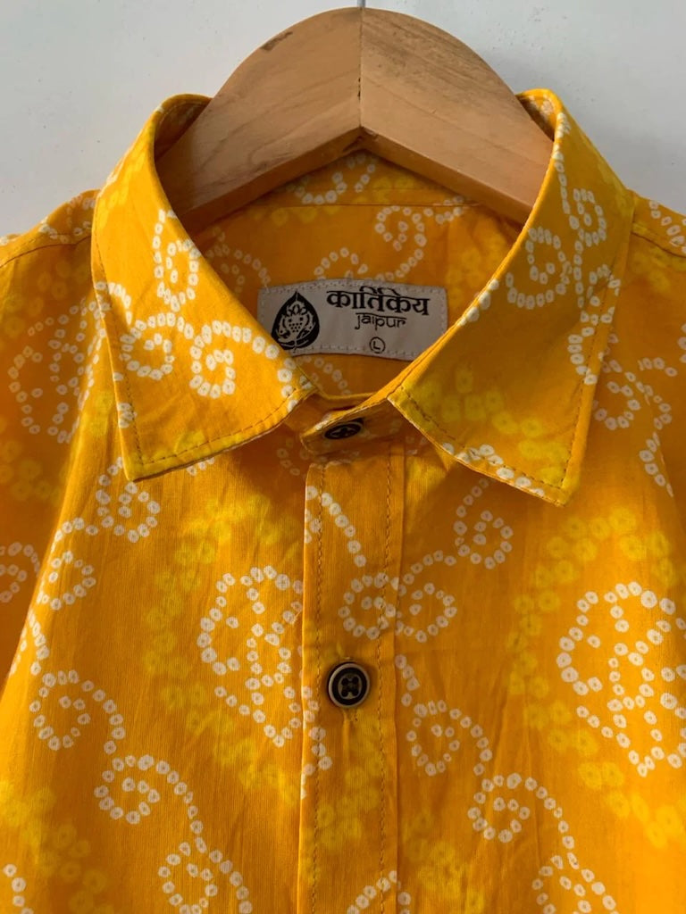 Cotton Half Sleeve Bandhej Print Shirt for Men - Haldi Ceremony