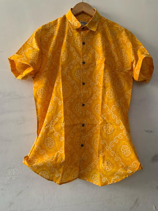 Cotton Half Sleeve Bandhej Print Shirt for Men - Haldi Ceremony
