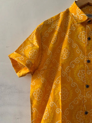 Cotton Half Sleeve Bandhej Print Shirt for Men - Haldi Ceremony