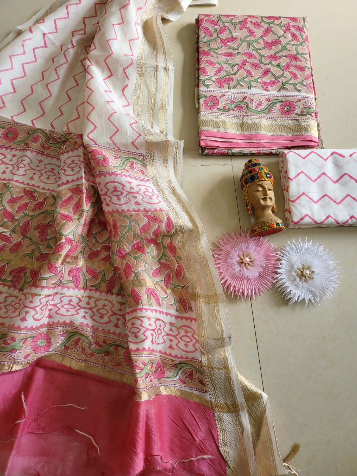 Hand Block Printed Silk Suit Set Light Pink