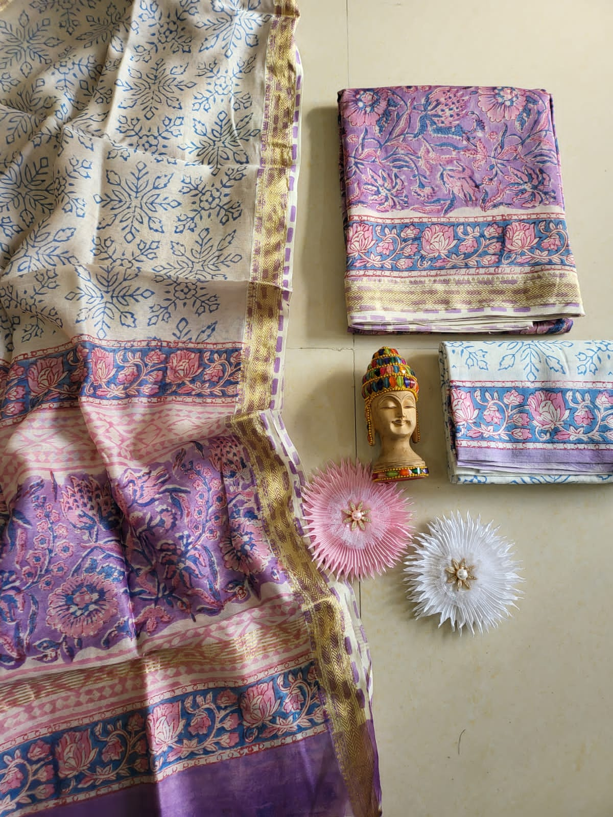 Hand Block Printed Silk Suit Set Purple