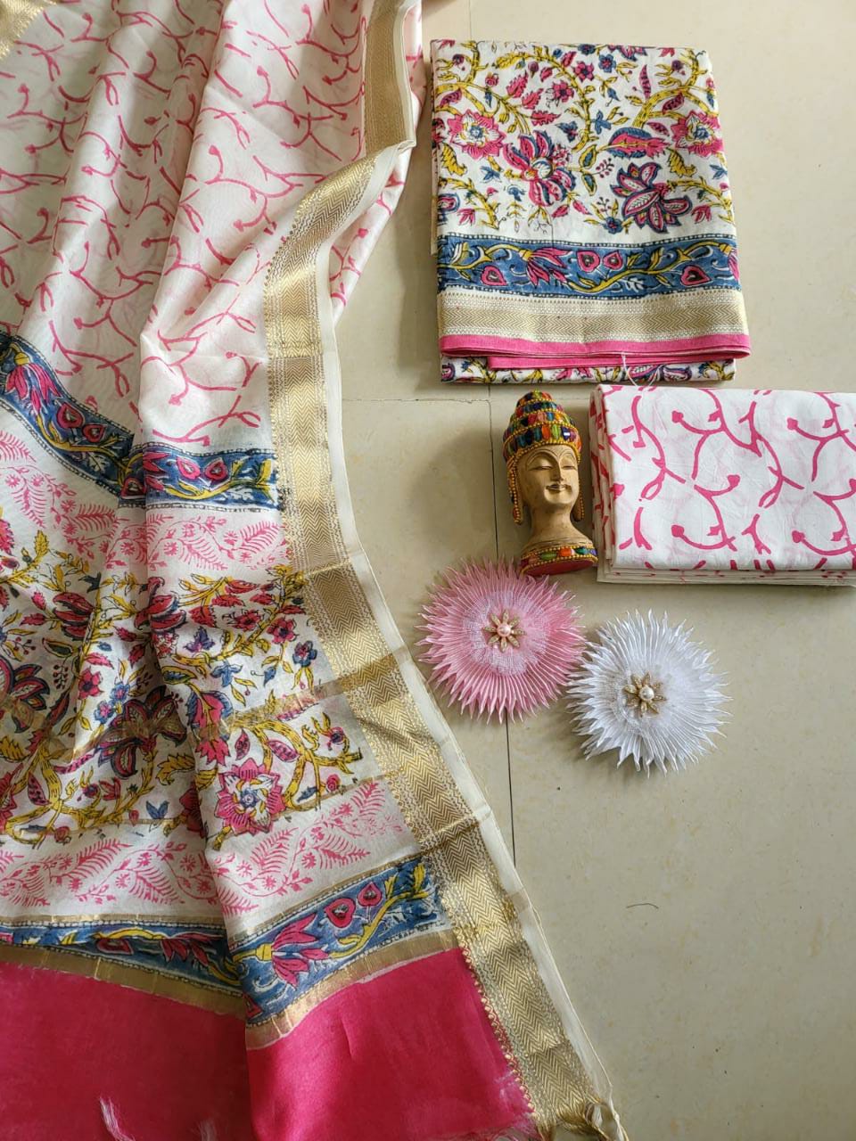 Hand Block Printed Silk Suit Set Pink