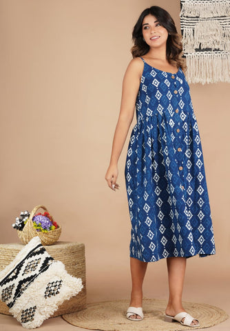 Bagru Hand Block Printed Cotton Dress Blue