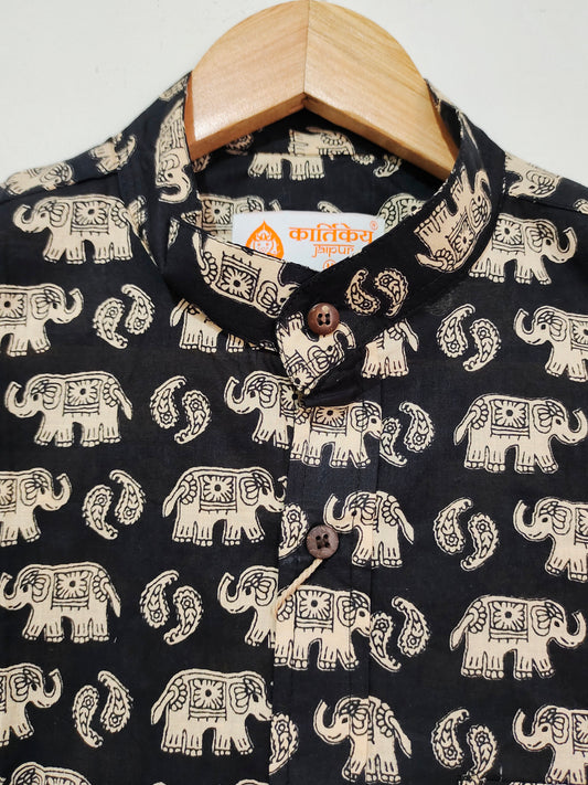 Kartikeya Jaipur Elephant Print Cotton Shirt - Black