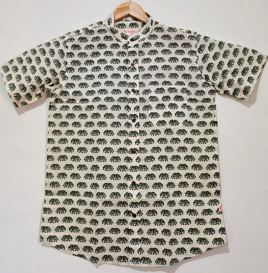 Traditional Elephant Print Cotton Shirt For Mens - Green