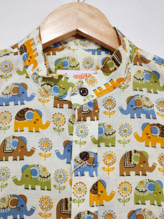 Vintage Elephant Print Cotton Shirt For Mens