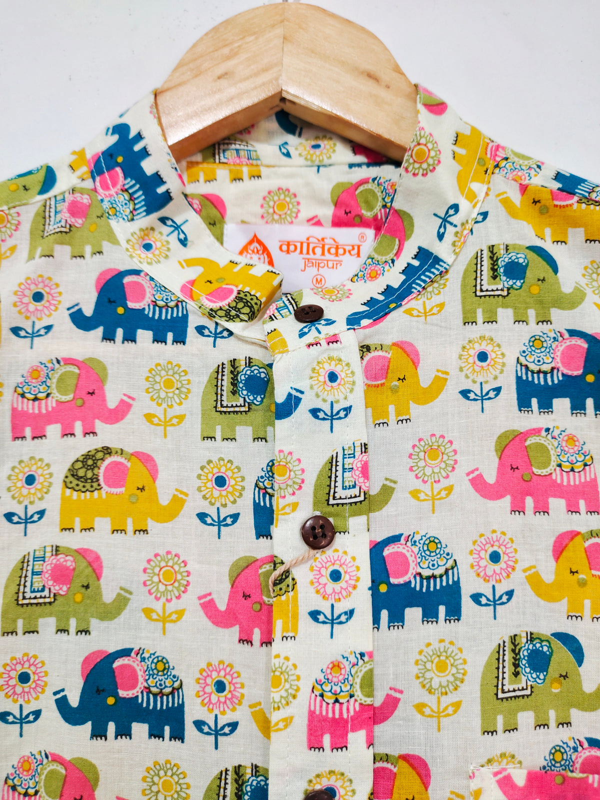 Mandarin Collar Elephant Print Cotton Shirt For Mens