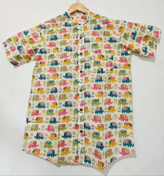 Mandarin Collar Elephant Print Cotton Shirt For Mens