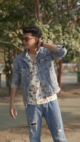 Small Elephant Print Half Sleeve Cotton Short Kurta for Men