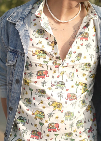 Small Elephant Print Half Sleeve Cotton Short Kurta for Men