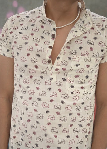 Small Elephant Print Half Sleeve Cotton Short Kurta for Men - Brown