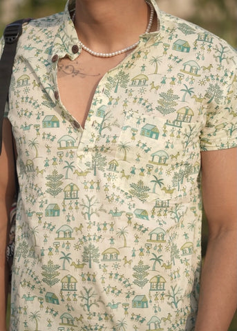 Tribal Print Half Sleeve Cotton Short Kurta for Men