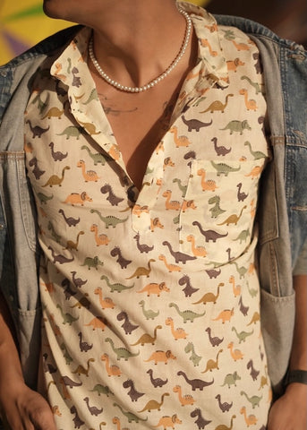 Dino Print Half Sleeve Cotton Short Kurta for Men