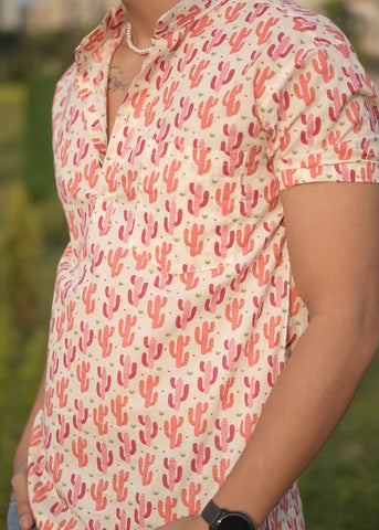 Cactus  Print Half Sleeve Cotton Short Kurta for Men