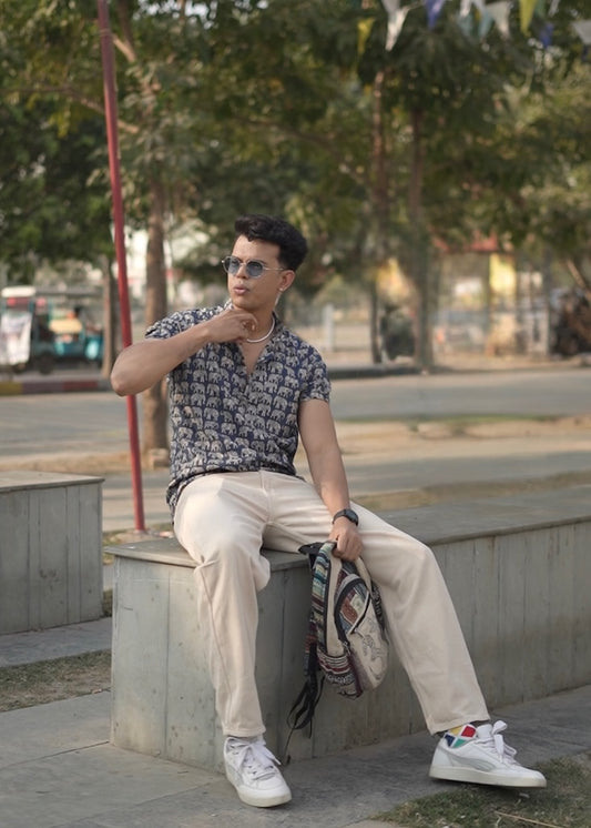 Elephant Print Half Sleeve Cotton Short Kurta for Men