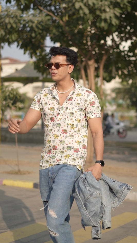 Small Elephant Print Half Sleeve Cotton Short Kurta for Men