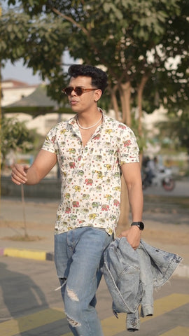 Small Elephant Print Half Sleeve Cotton Short Kurta for Men