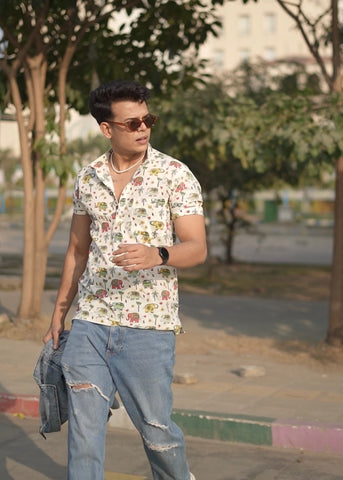 Small Elephant Print Half Sleeve Cotton Short Kurta for Men