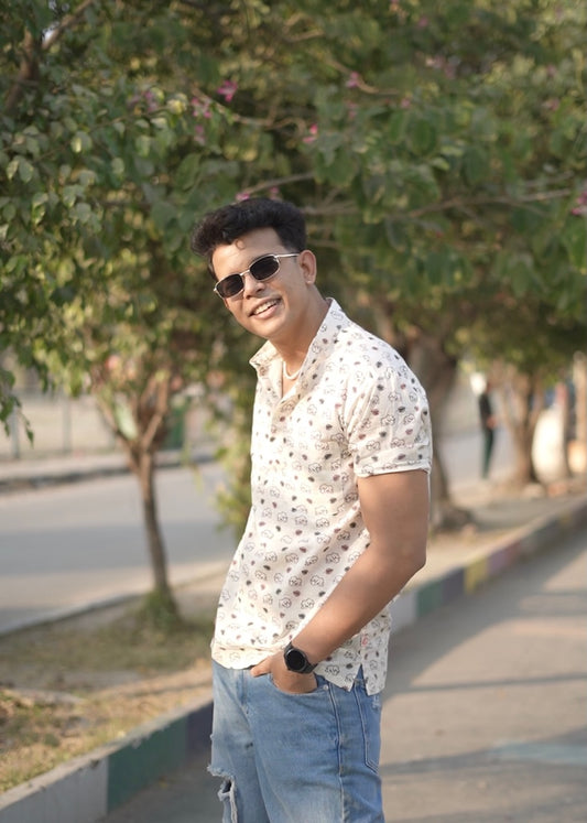 Small Elephant Print Half Sleeve Cotton Short Kurta for Men - Brown