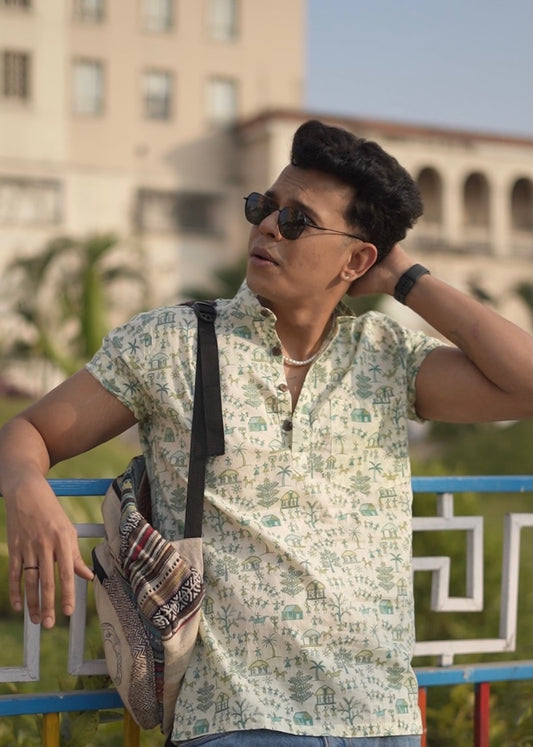 Tribal Print Half Sleeve Cotton Short Kurta for Men