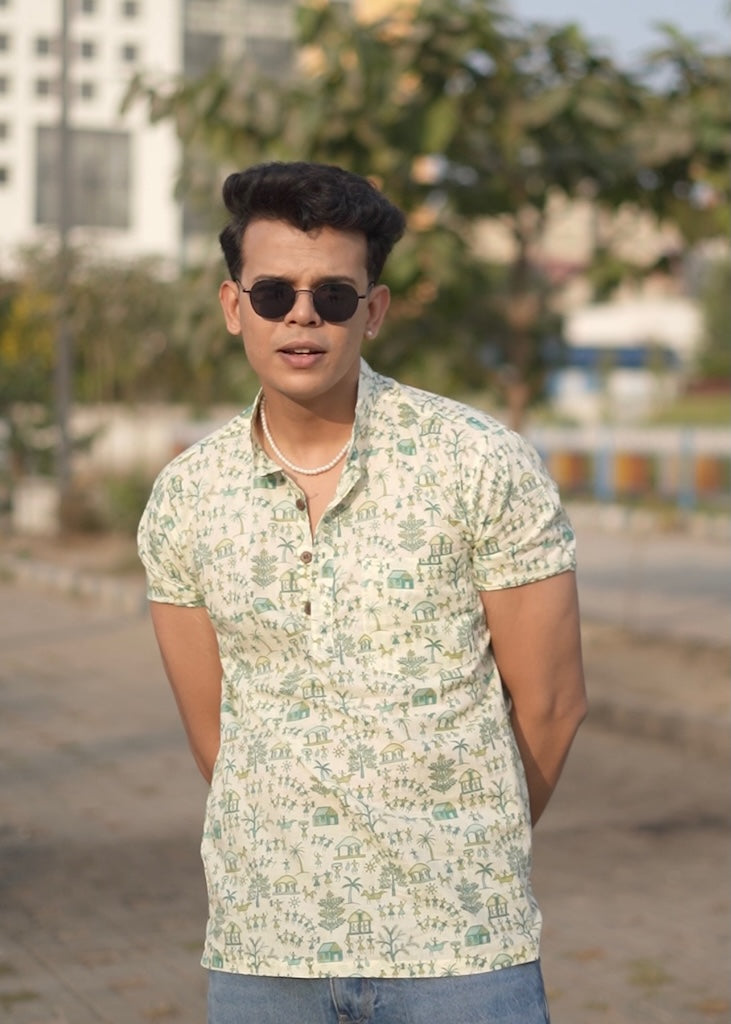 Tribal Print Half Sleeve Cotton Short Kurta for Men