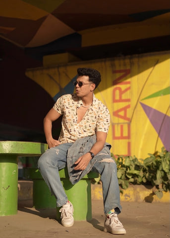 Dino Print Half Sleeve Cotton Short Kurta for Men