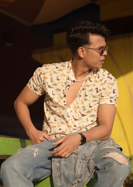 Dino Print Half Sleeve Cotton Short Kurta for Men