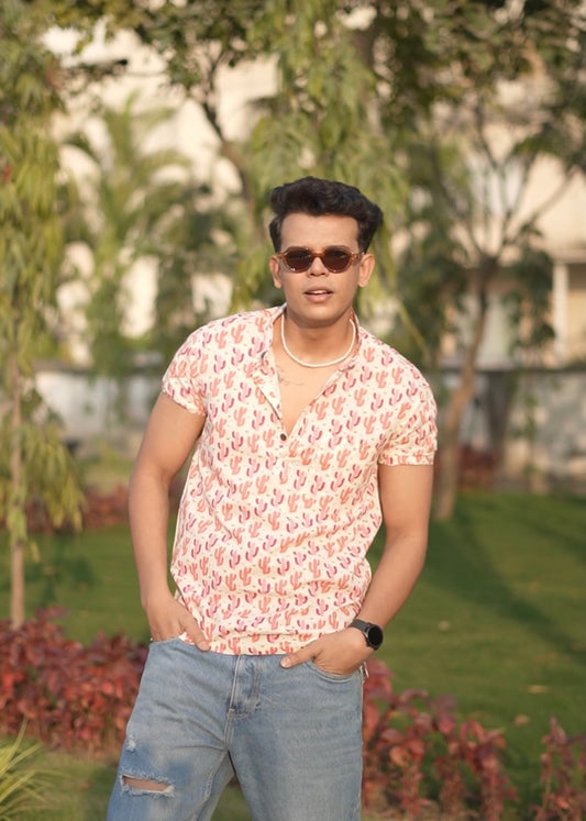 Cactus  Print Half Sleeve Cotton Short Kurta for Men