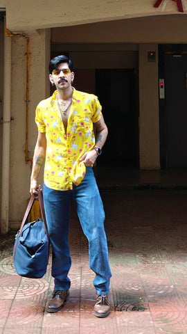 Mens Pichwai Yellow Cow Print Cotton Shirt