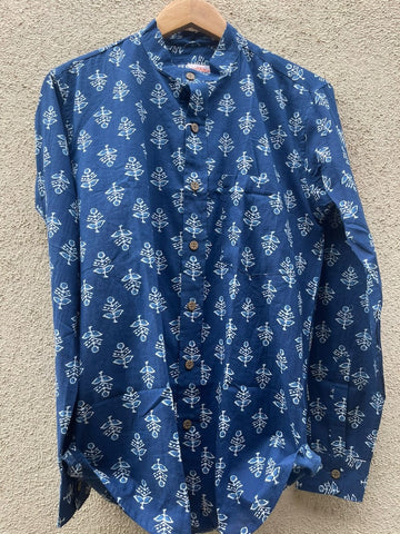 Classic Indigo Print Mandarin Collar Cotton Shirt for Men