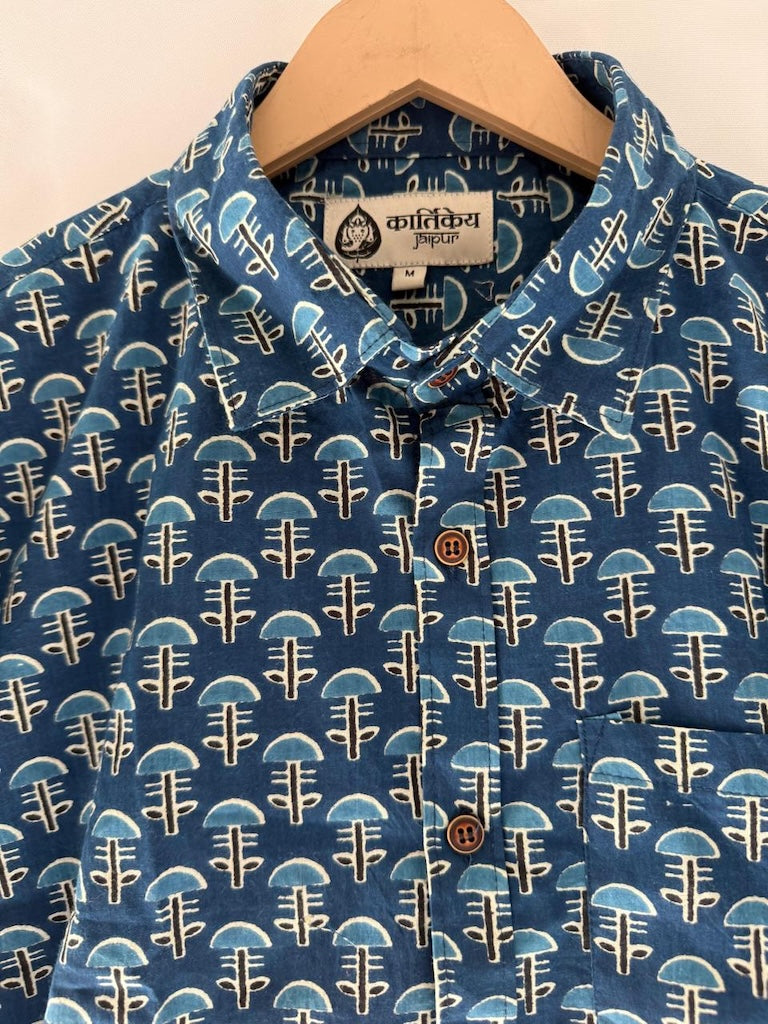 Mens Indigo Short Sleeves Cotton Shirt