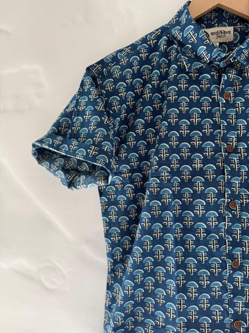 Mens Indigo Short Sleeves Cotton Shirt