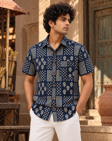 Kartikeya Jaipur Natural Print Indigo Half Sleeves Shirt -Organic ( Pre Book - Dispatch by 10th Oct )