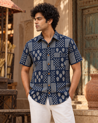 Kartikeya Jaipur Natural Print Indigo Half Sleeves Shirt -Organic ( Pre Book - Dispatch by 10th Oct )
