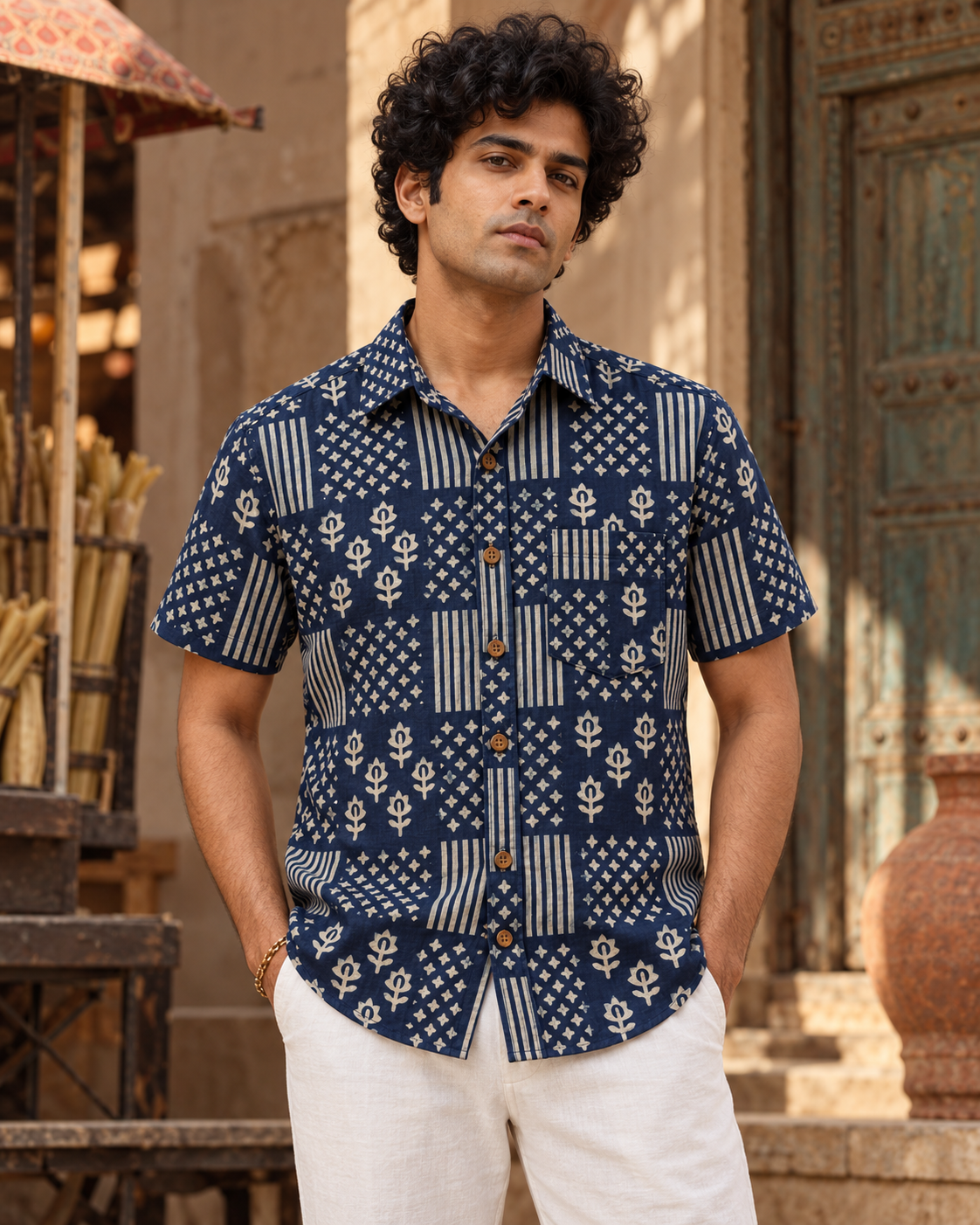 Kartikeya Jaipur Natural Print Indigo Half Sleeves Shirt -Organic ( Pre Book - Dispatch by 10th Oct )