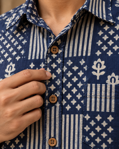 Kartikeya Jaipur Natural Print Indigo Half Sleeves Shirt -Organic ( Pre Book - Dispatch by 10th Oct )