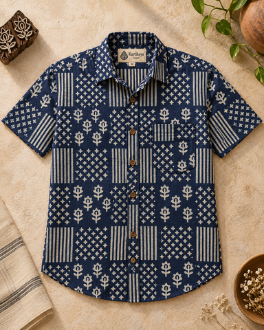 Kartikeya Jaipur Natural Print Indigo Half Sleeves Shirt -Organic ( Pre Book - Dispatch by 10th Oct )
