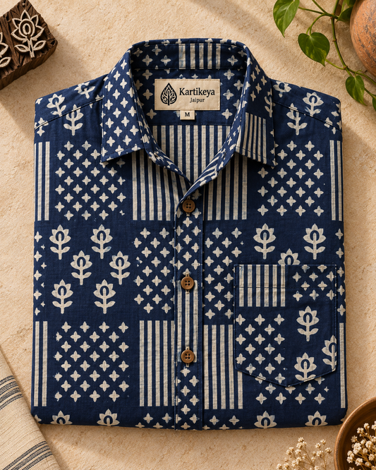 Kartikeya Jaipur Natural Print Indigo Half Sleeves Shirt -Organic ( Pre Book - Dispatch by 10th Oct )