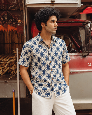 Kartikeya Jaipur Natural Print Indigo Half Sleeves Shirt -Organic ( Pre Book - Dispatch by 10th Oct )