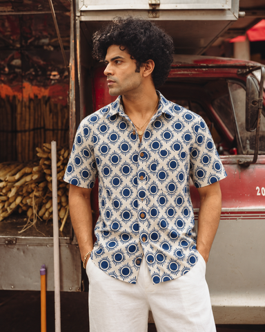 Kartikeya Jaipur Natural Print Indigo Half Sleeves Shirt -Organic ( Pre Book - Dispatch by 10th Oct )