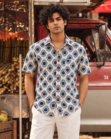 Kartikeya Jaipur Natural Print Indigo Half Sleeves Shirt -Organic ( Pre Book - Dispatch by 10th Oct )