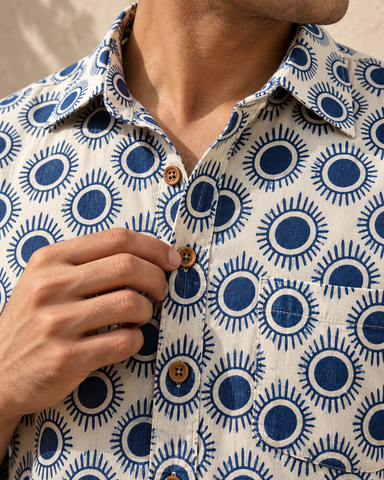 Kartikeya Jaipur Natural Print Indigo Half Sleeves Shirt -Organic ( Pre Book - Dispatch by 10th Oct )