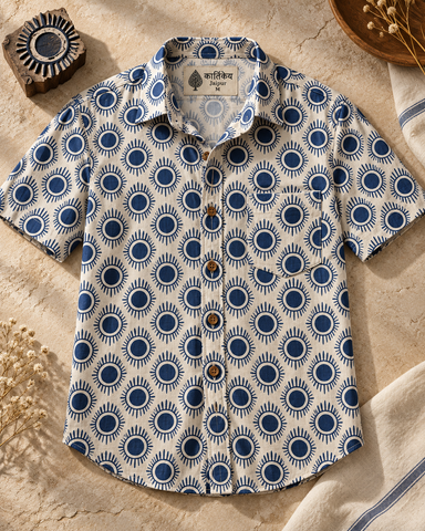 Kartikeya Jaipur Natural Print Indigo Half Sleeves Shirt -Organic ( Pre Book - Dispatch by 10th Oct )