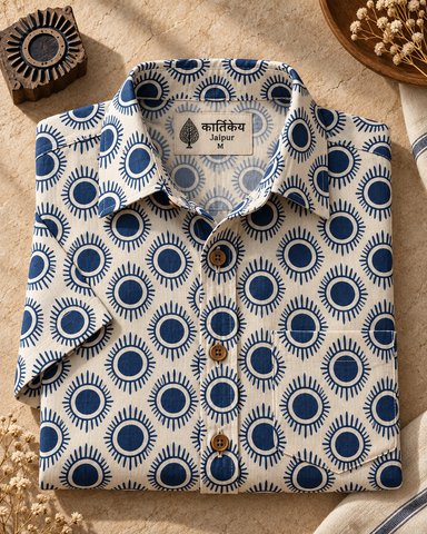 Kartikeya Jaipur Natural Print Indigo Half Sleeves Shirt -Organic ( Pre Book - Dispatch by 10th Oct )